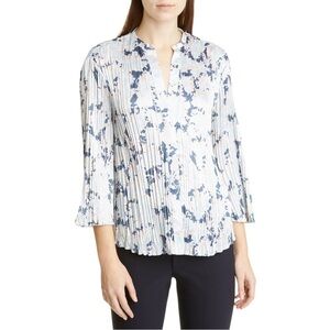 VINCE Pleated Tide Pool Lotus Print Button Down Blouse